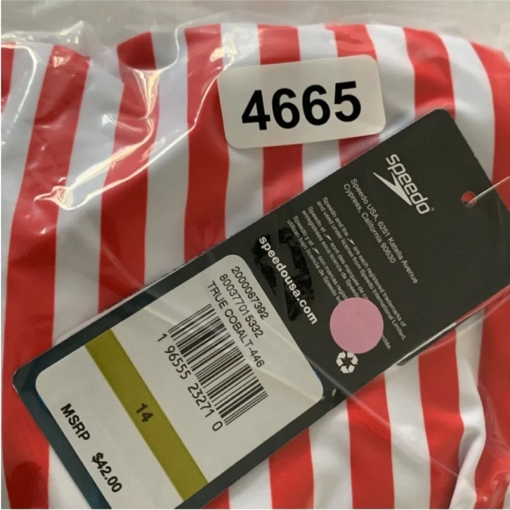 Speedo Girl’s Swimsuit One Piece Blue and Red Stripes Size 14 NWT UPF 50+